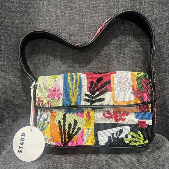 STAUD Tommy Beaded Bag in Coral Patchwork - Picture 1 of 12